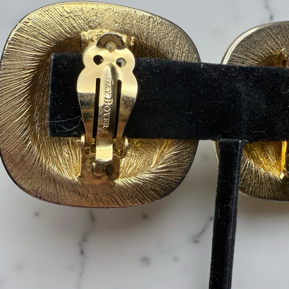 Vintage Gay Boyer Black Enamel Gold Tone Clip On Earrings 80s - Picture 6 of 10